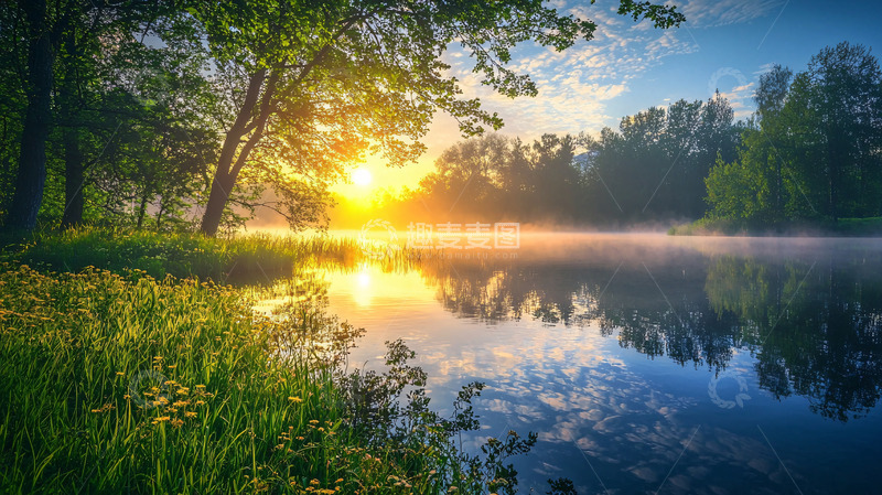 高清大图下载【趣麦麦图】清晨河边树林日出