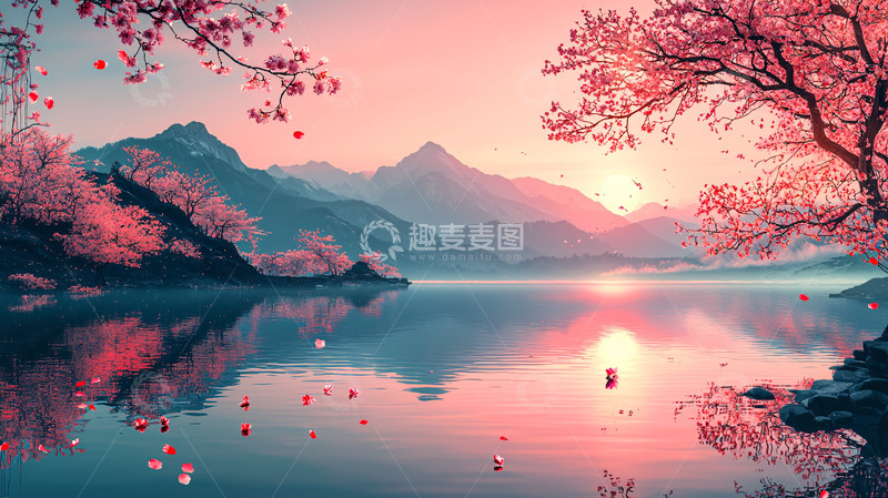 高清大图下载【趣麦麦图】樱花湖畔的唯美日落