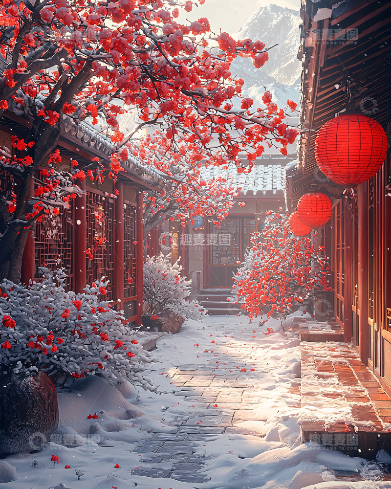 高清大图下载【趣麦麦图】红雪覆盖下的中式庭院