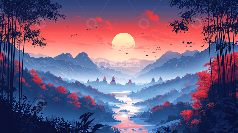 高清大图下载【趣麦麦图】水墨风山水日出图