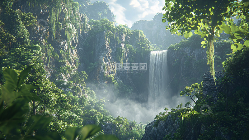 高清大图下载【趣麦麦图】葱郁森林里的壮丽瀑布