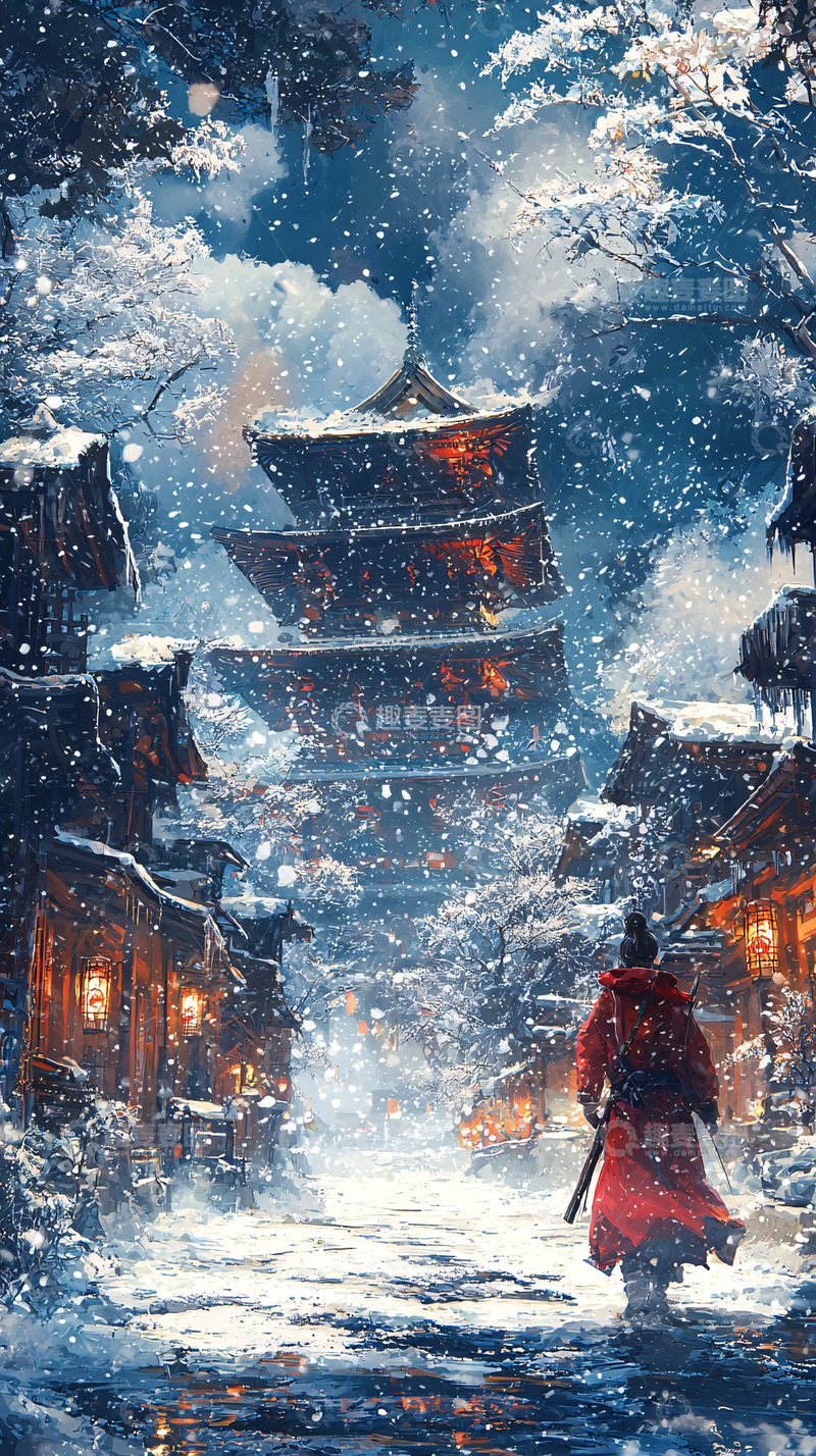 高清大图下载【趣麦麦图】雪夜中的古风建筑和人物