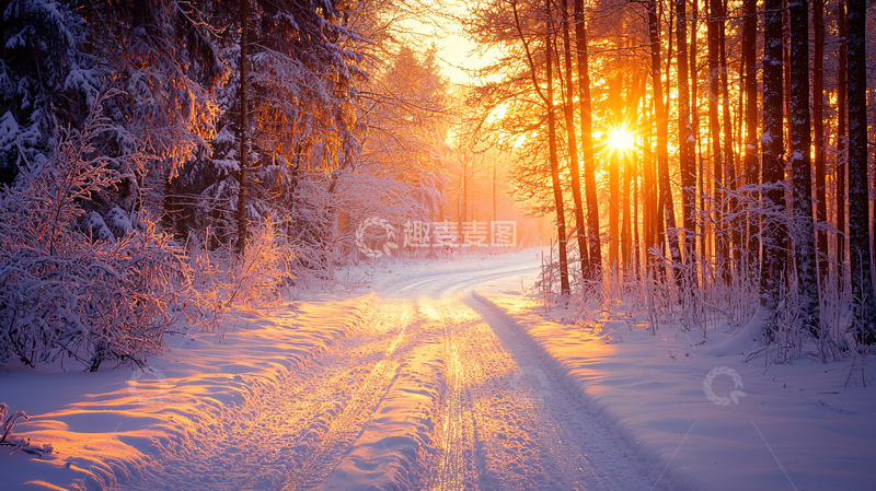 高清大图下载【趣麦麦图】冬季雪景森林日出