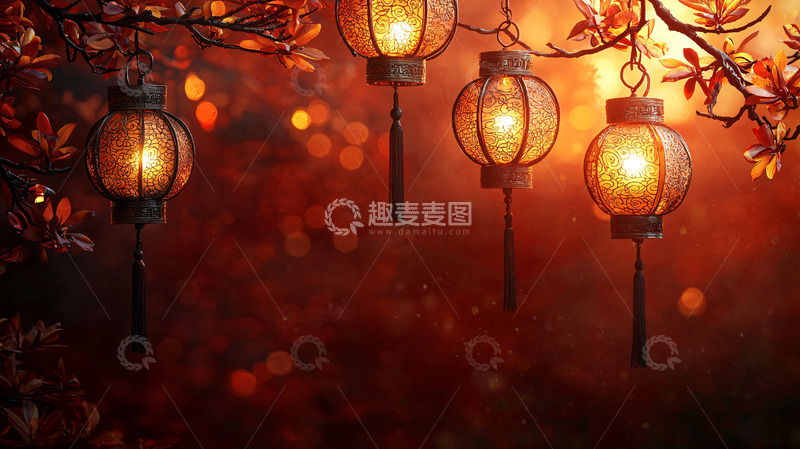 高清大图下载【趣麦麦图】红灯笼树枝暖色调