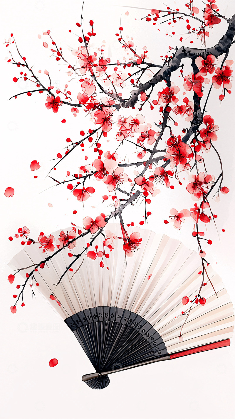 高清大图下载【趣麦麦图】红梅绽放下的折扇