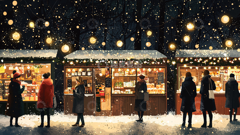 冬日圣诞集市雪夜暖光