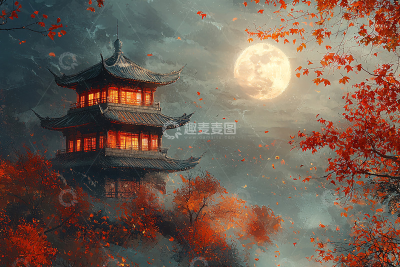 高清大图下载【趣麦麦图】古风楼阁红叶圆月夜景