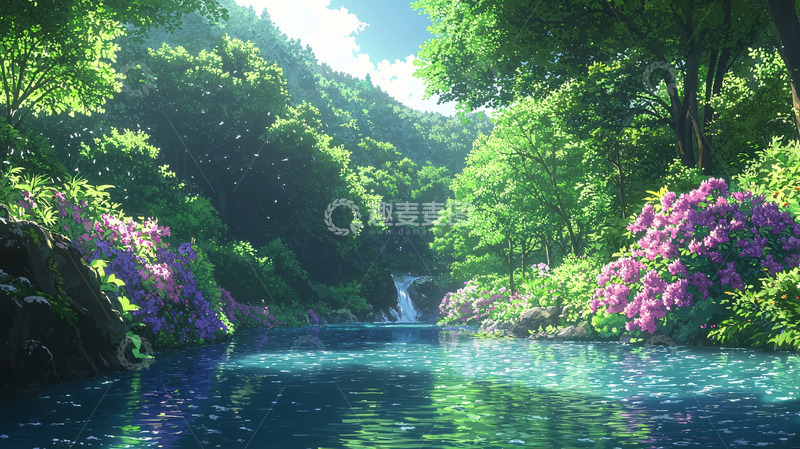 高清大图下载【趣麦麦图】阳光洒落的森林溪流