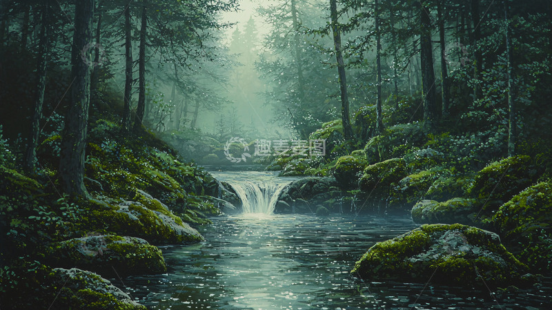 高清大图下载【趣麦麦图】幽静森林小溪瀑布