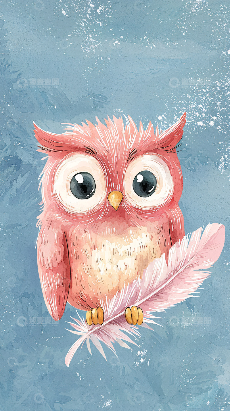 高清大图下载【趣麦麦图】粉色猫头鹰拿着羽毛