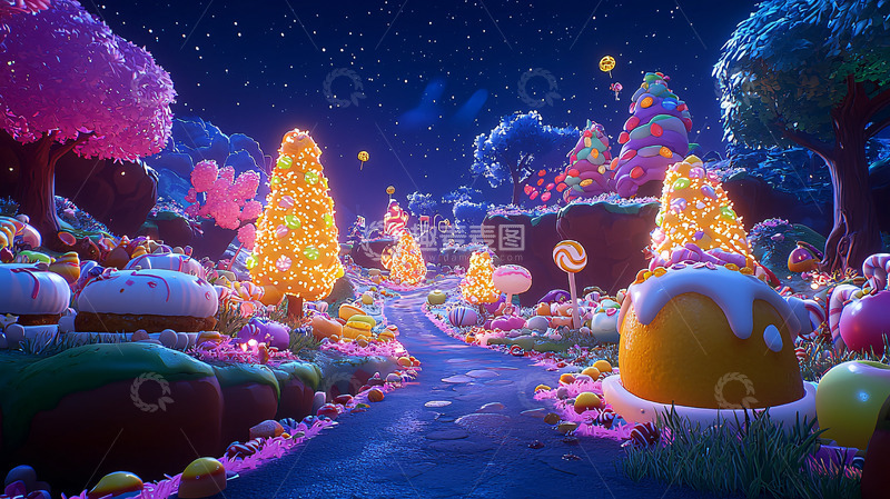 高清大图下载【趣麦麦图】梦幻糖果森林夜景