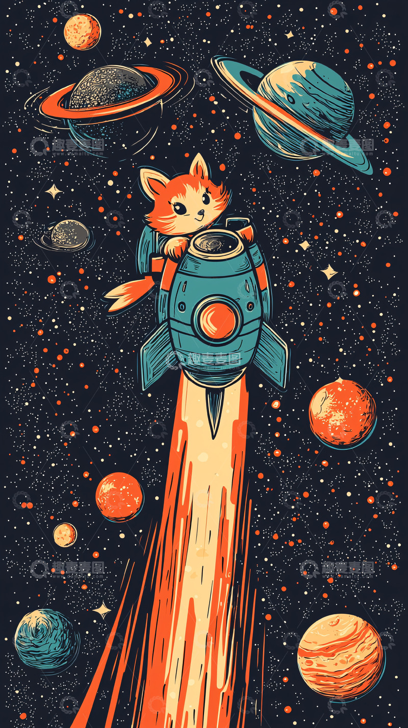 高清大图下载【趣麦麦图】太空猫咪火箭