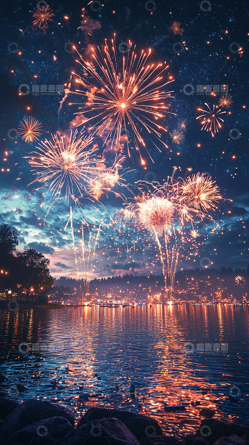 高清大图下载【趣麦麦图】夜空烟火湖面倒影