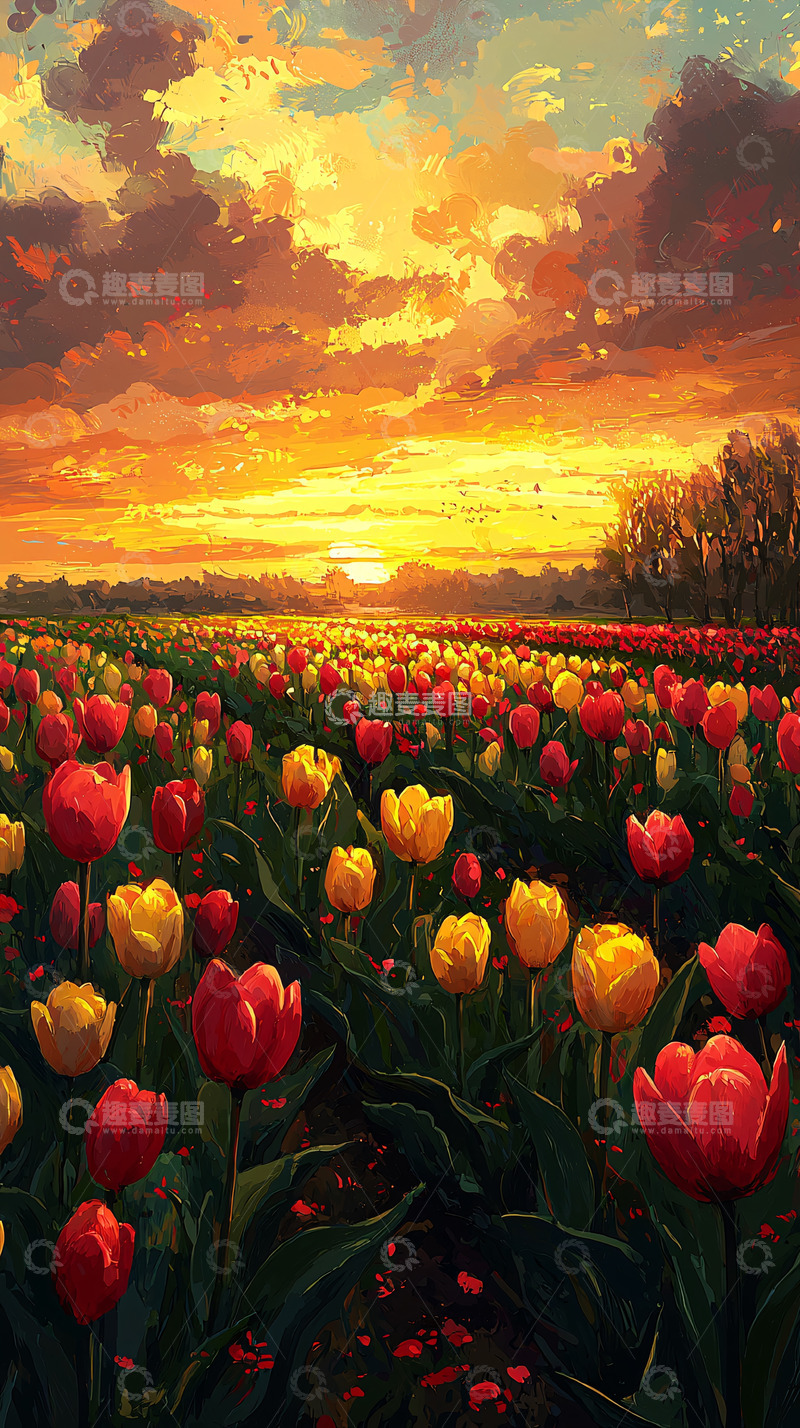 高清大图下载【趣麦麦图】日落下的郁金香花田