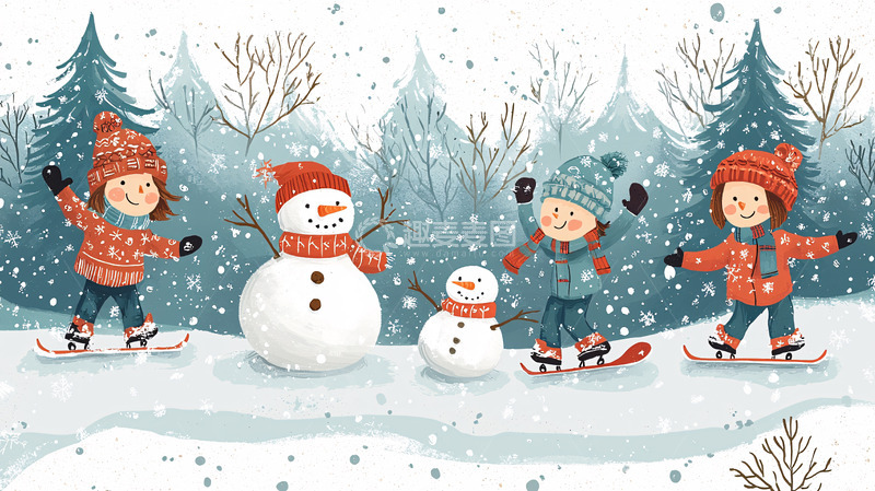 高清大图下载【趣麦麦图】孩子们堆雪人玩耍