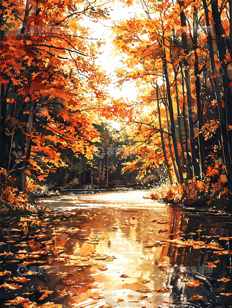高清大图下载【趣麦麦图】秋日森林河流风景