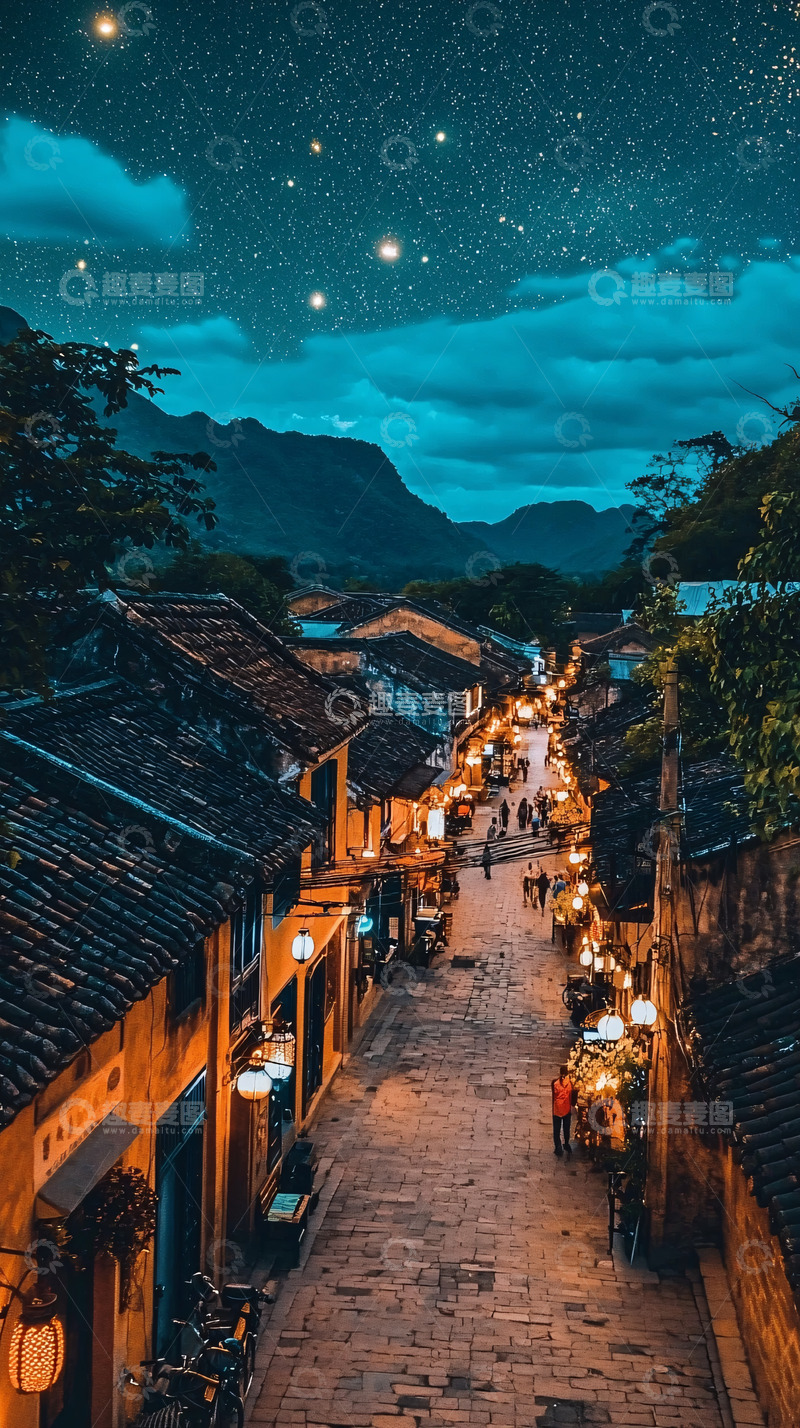 高清大图下载【趣麦麦图】星空下的古镇夜景