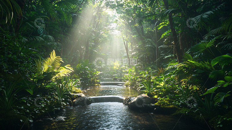 高清大图下载【趣麦麦图】阳光透过树林小溪
