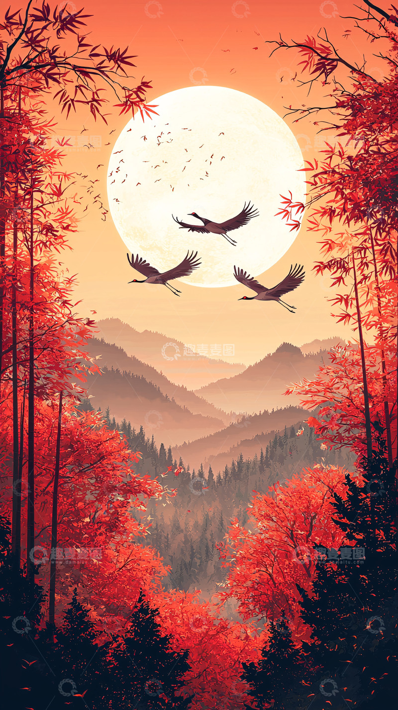 高清大图下载【趣麦麦图】红枫秋月丹顶鹤