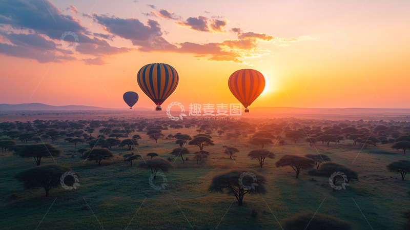 高清大图下载【趣麦麦图】热气球日出非洲草原