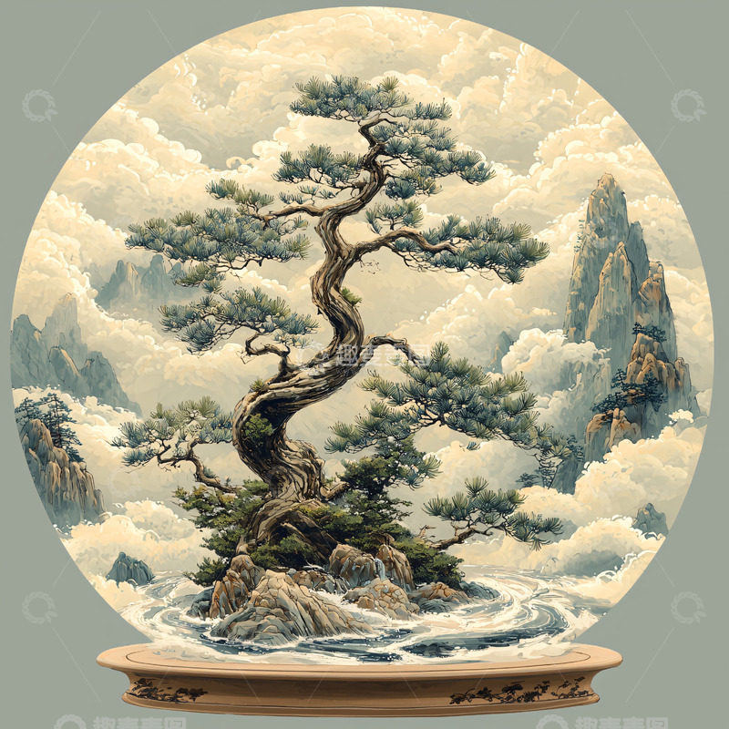 高清大图下载【趣麦麦图】云海松树盆景画