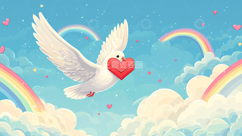 高清大图下载【趣麦麦图】白鸽衔心彩虹背景