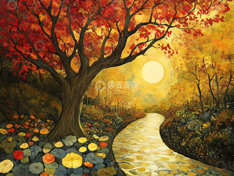 高清大图下载【趣麦麦图】秋日红叶树下小溪