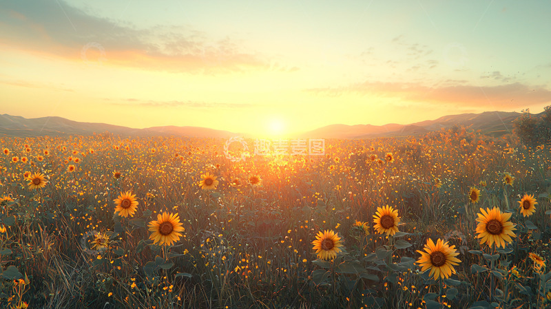 高清大图下载【趣麦麦图】日落时分向日葵田野