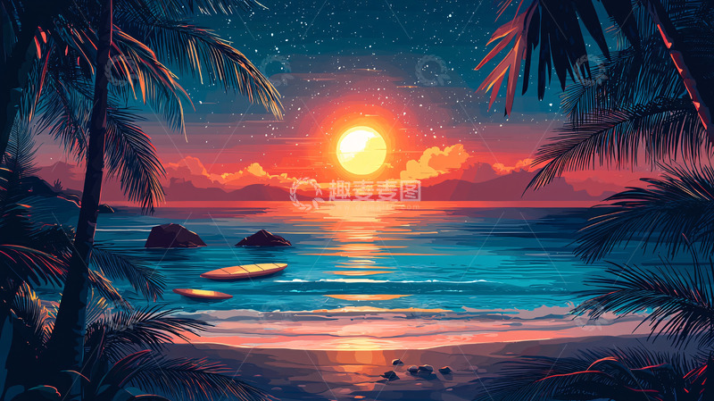 高清大图下载【趣麦麦图】热带海滩日落
