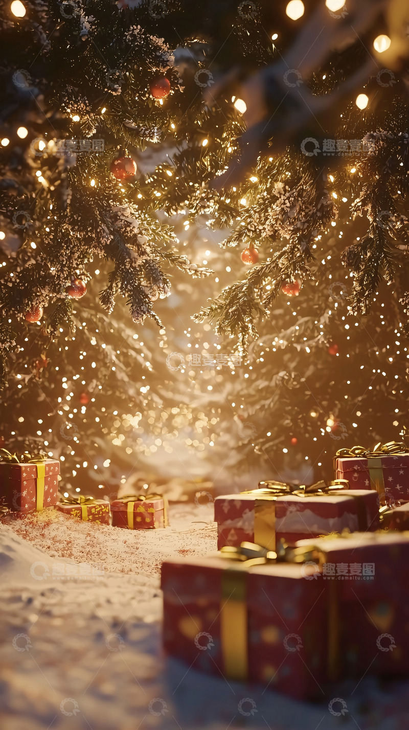 高清大图下载【趣麦麦图】雪夜圣诞树下的礼物