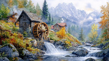 秋日山间小屋水车风景