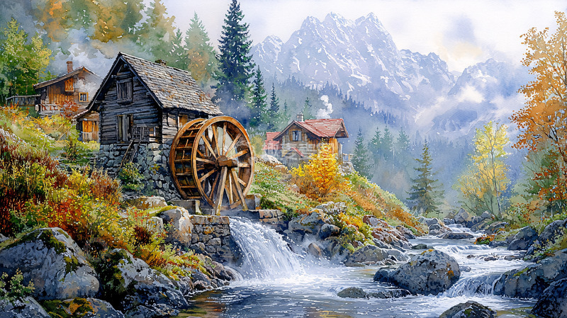 高清大图下载【趣麦麦图】秋日山间小屋水车风景