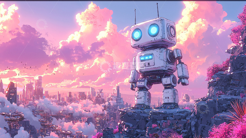 高清大图下载【趣麦麦图】粉色天空下的白色机器人