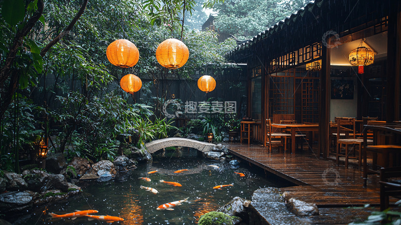高清大图下载【趣麦麦图】中式庭院锦鲤池塘