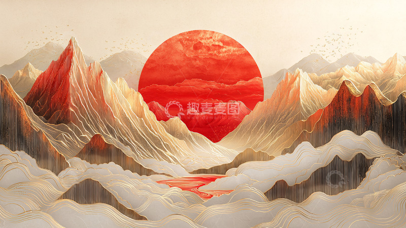 高清大图下载【趣麦麦图】-红色太阳下的山脉