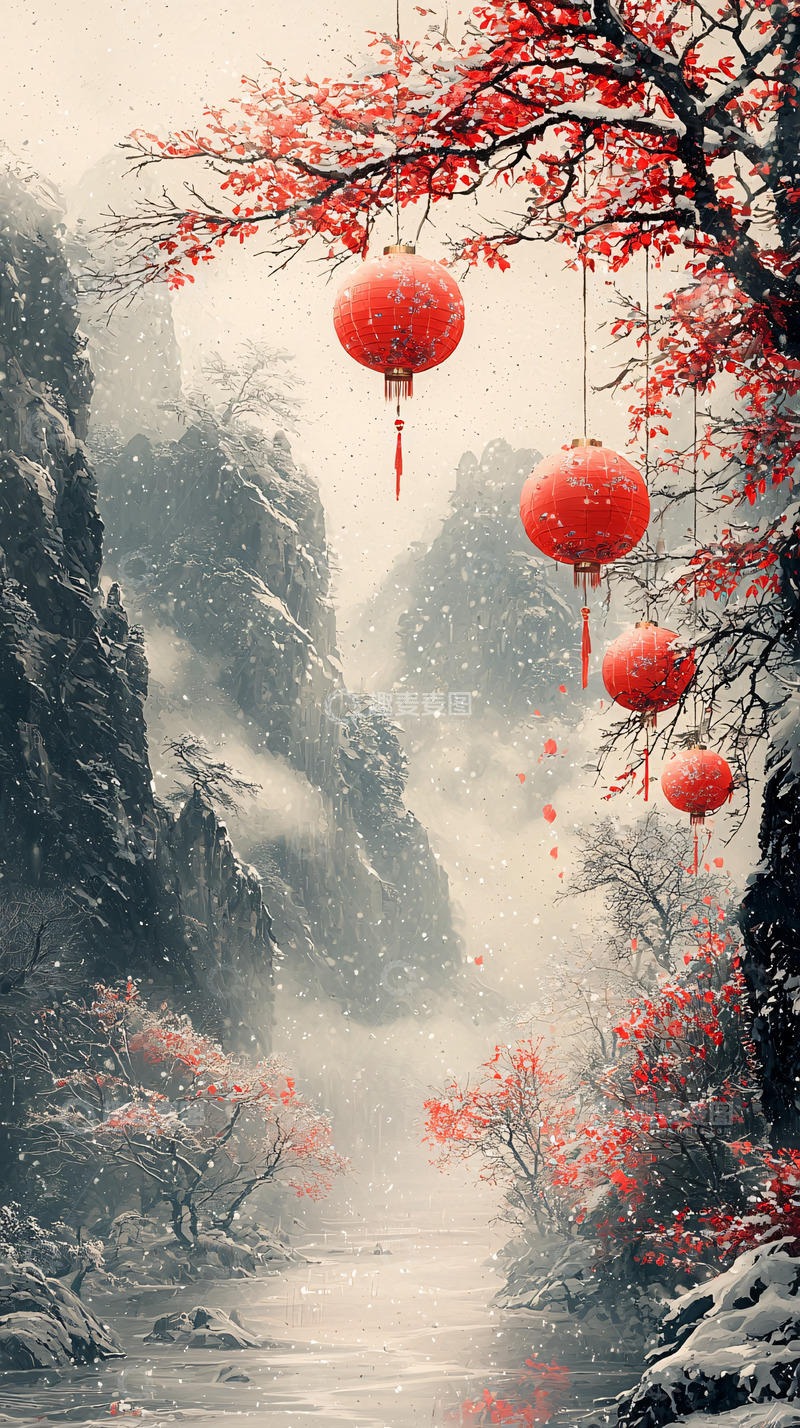 高清大图下载【趣麦麦图】山水红灯笼中国风雪景