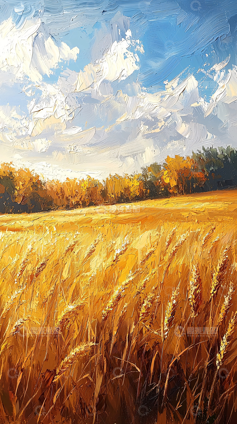 高清大图下载【趣麦麦图】金黄麦田风景油画