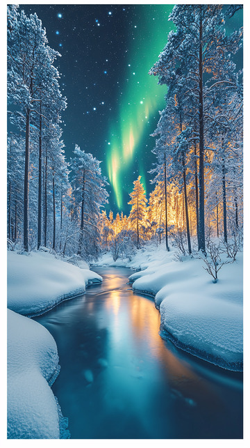 极光雪景森林河流夜景