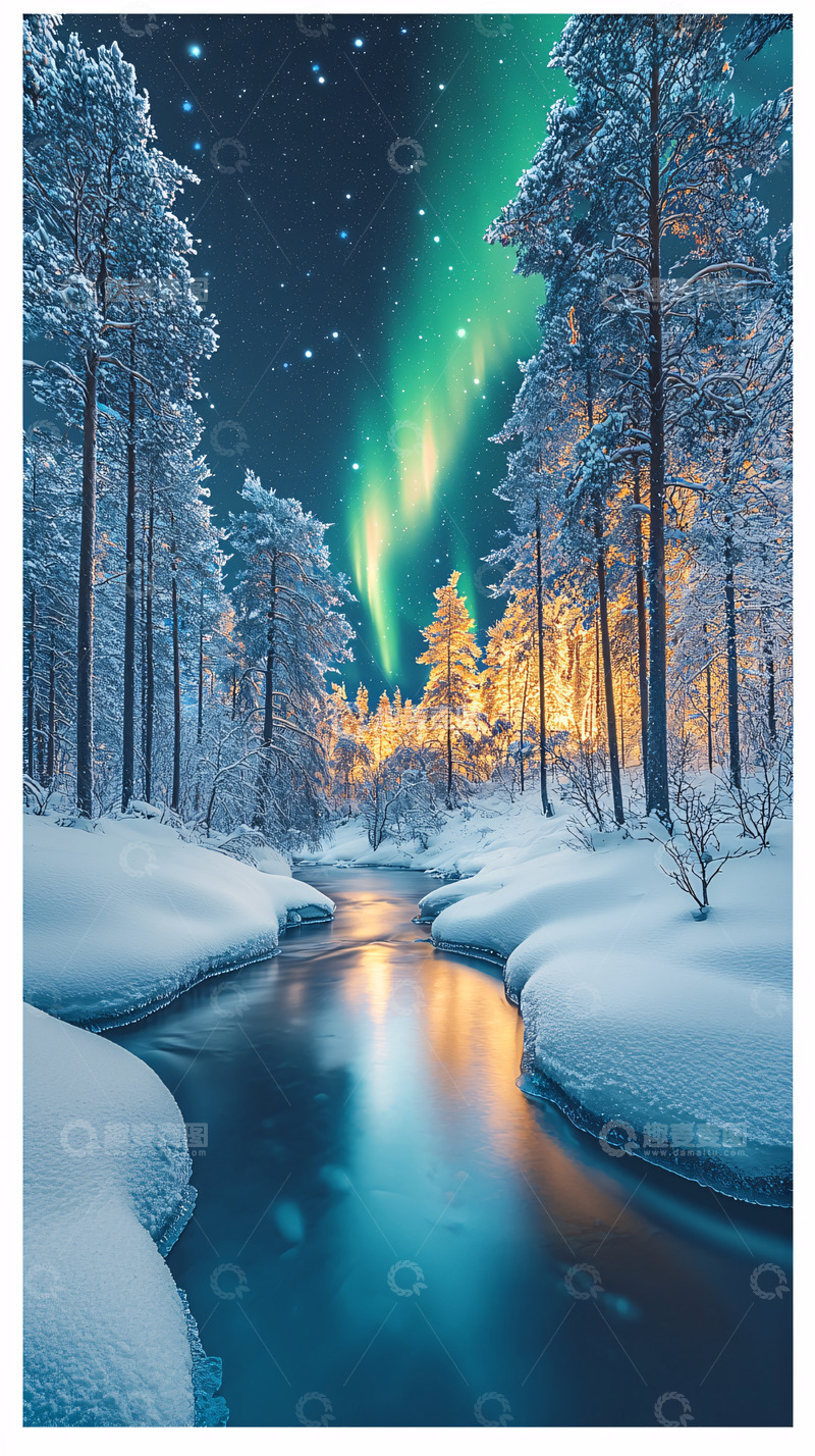 高清大图下载【趣麦麦图】极光雪景森林河流夜景