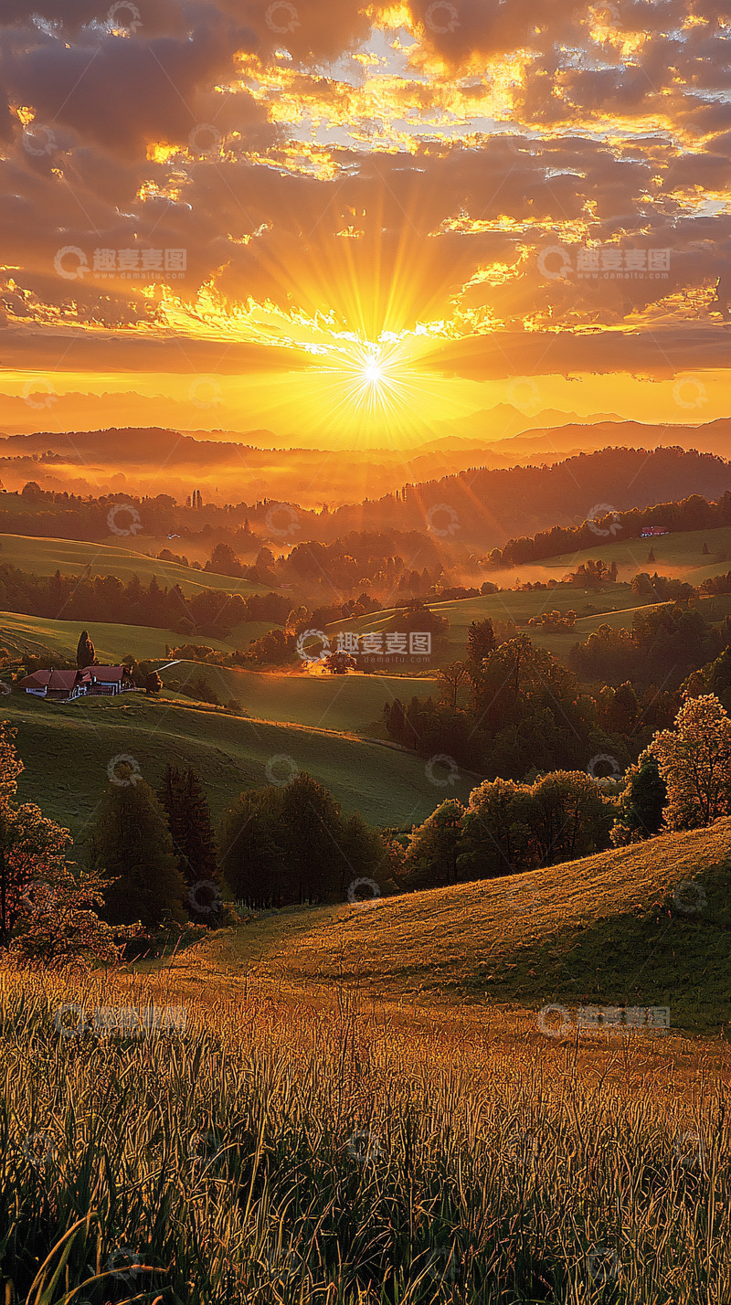 高清大图下载【趣麦麦图】金色田园日落