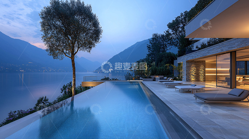 高清大图下载【趣麦麦图】湖景别墅夜景