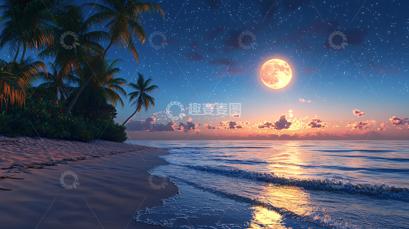 高清大图下载【趣麦麦图】椰树海滩满月夜景