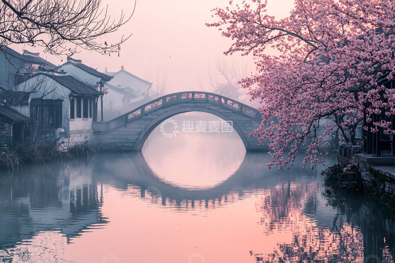 高清大图下载【趣麦麦图】江南水乡拱桥粉色桃花