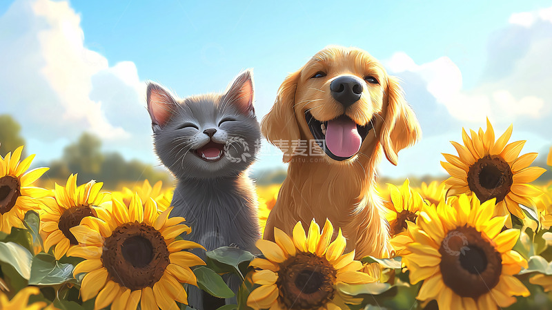 高清大图下载【趣麦麦图】猫和狗在向日葵田中微笑