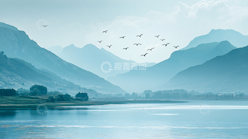 高清大图下载【趣麦麦图】水墨蓝山水画