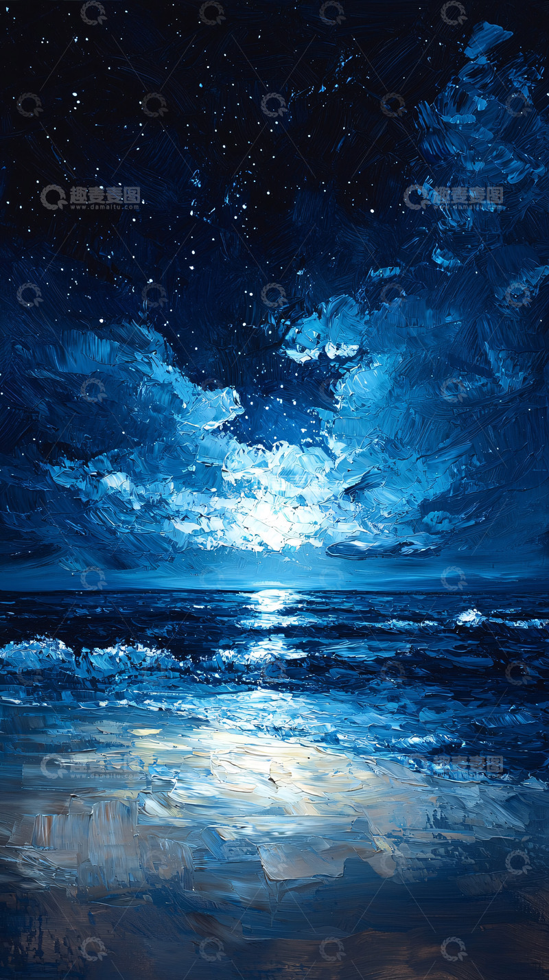 高清大图下载【趣麦麦图】夜空海面月光油画