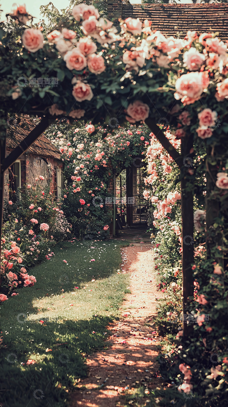 高清大图下载【趣麦麦图】玫瑰花拱门花园小径