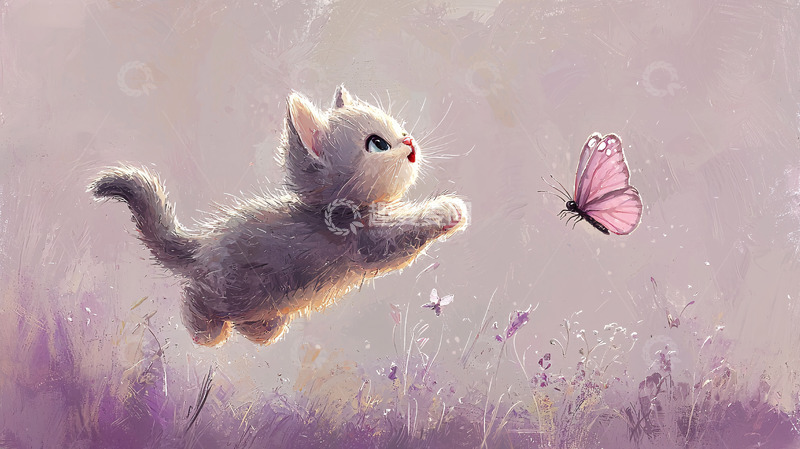 高清大图下载【趣麦麦图】小猫追逐蝴蝶