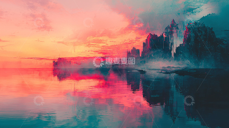 高清大图下载【趣麦麦图】梦幻般日落湖泊城堡倒影