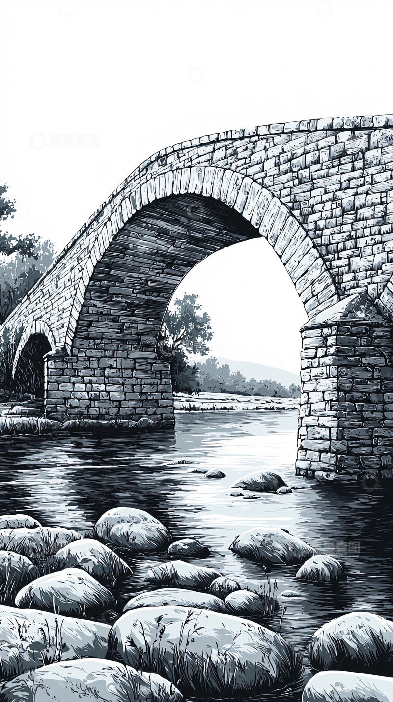 高清大图下载【趣麦麦图】黑白石桥风景画